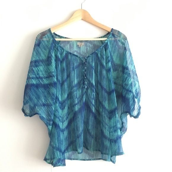 Urban Outfitters Ecote Wave‎ Print Sheer Blouse Button Up Top Womens Size M Blue - Picture 1 of 4